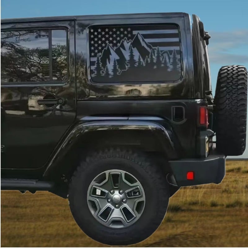 Jeep Wrangler 4 durų automobilio korpuso lipdukas su vėliavos ir kalnų motyvu užpakaliniam stiklui – lipdukas klijuojamas