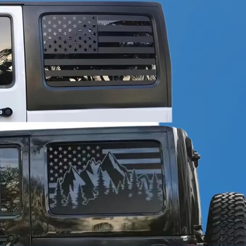 Jeep Wrangler 4 durų automobilio korpuso lipdukas su vėliavos ir kalnų motyvu užpakaliniam stiklui – lipdukas klijuojamas