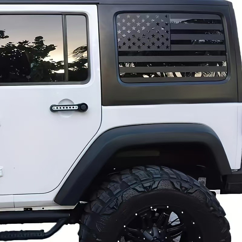 Jeep Wrangler 4 durų automobilio korpuso lipdukas su vėliavos ir kalnų motyvu užpakaliniam stiklui – lipdukas klijuojamas