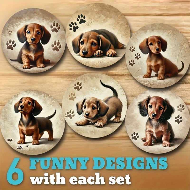 Дървени подложки за чаши, комплект от 6 броя, мотиви с кученца и птици, модерен минималистичен стил