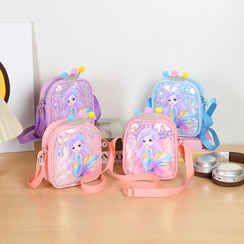 Mergaitėms skirta kryžminė rankinė su undinėlės dekoru ir karūna, anime raštas, poliesterio pamušalas