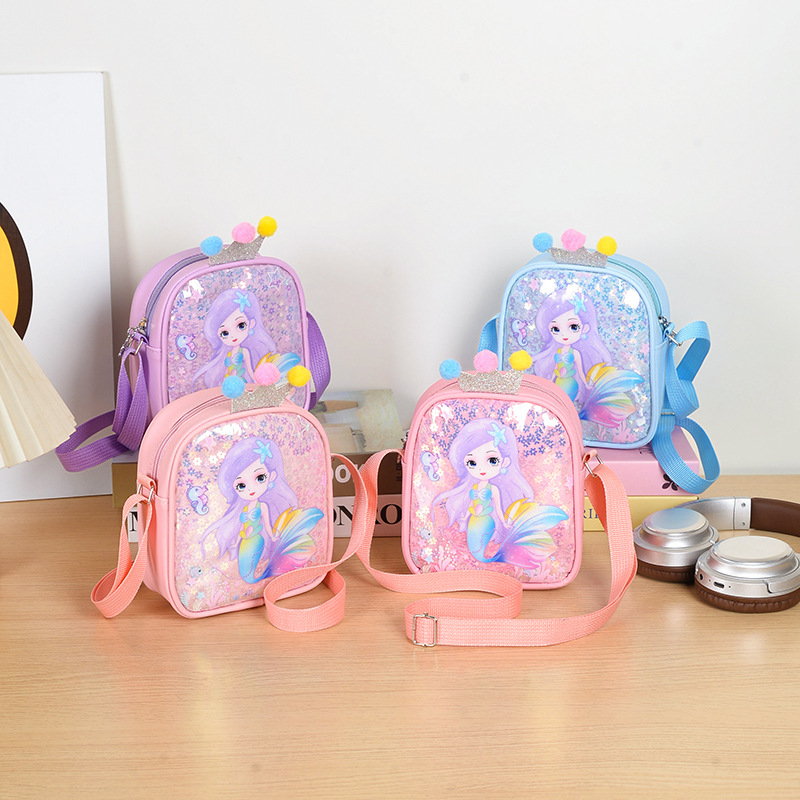 Mergaitėms skirta kryžminė rankinė su undinėlės dekoru ir karūna, anime raštas, poliesterio pamušalas