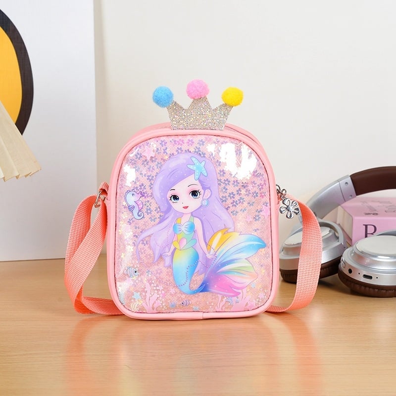 Mergaitėms skirta kryžminė rankinė su undinėlės dekoru ir karūna, anime raštas, poliesterio pamušalas