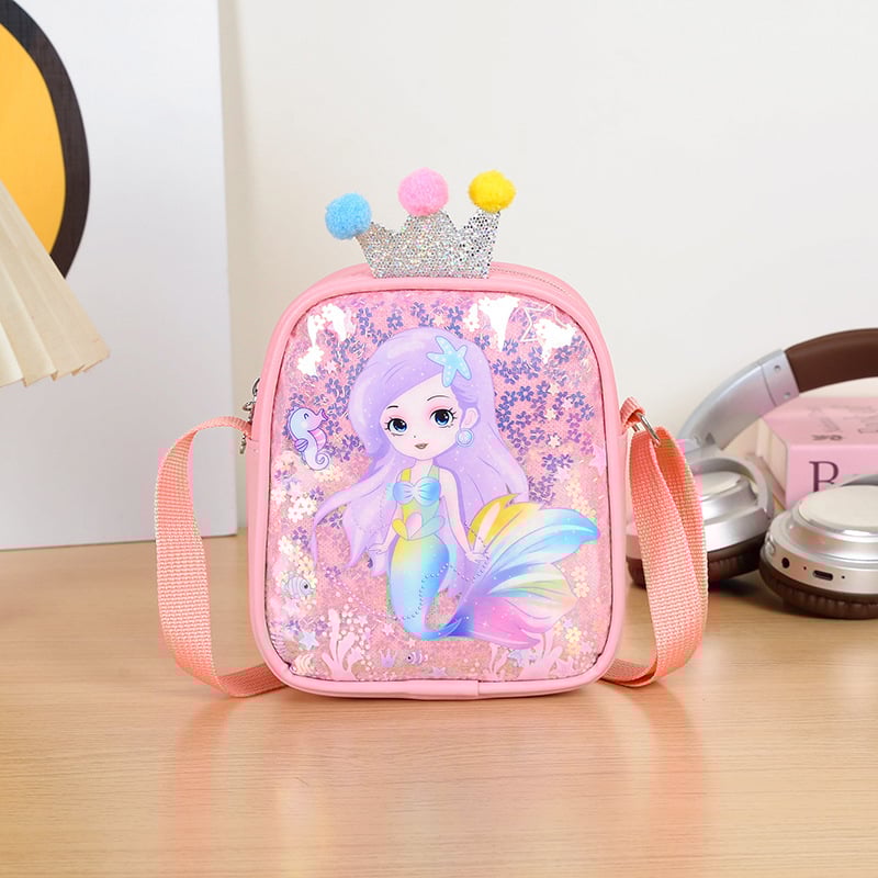 Mergaitėms skirta kryžminė rankinė su undinėlės dekoru ir karūna, anime raštas, poliesterio pamušalas