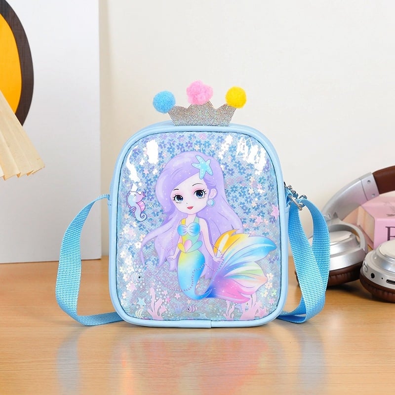 Mergaitėms skirta kryžminė rankinė su undinėlės dekoru ir karūna, anime raštas, poliesterio pamušalas