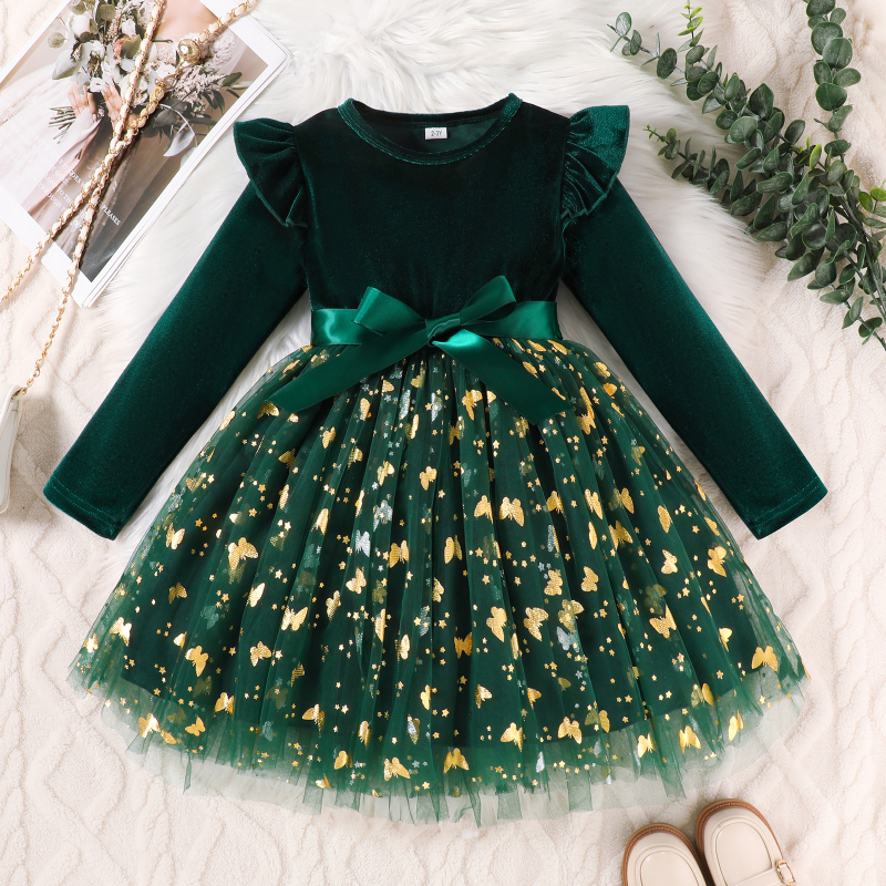 Beebi tüdrukute kleit, kootud võrkkiht, väliskangas ja vooder 100% polüester, pikad varrukad, printsessi lõige, vanus 1–3 aastat, sügis 2025