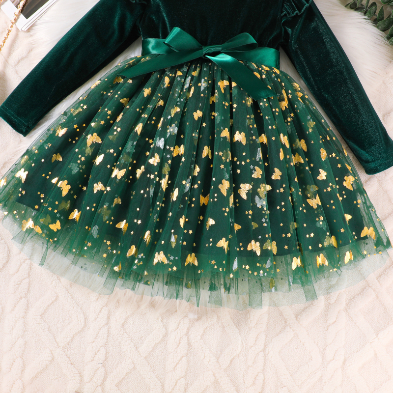 Beebi tüdrukute kleit, kootud võrkkiht, väliskangas ja vooder 100% polüester, pikad varrukad, printsessi lõige, vanus 1–3 aastat, sügis 2025