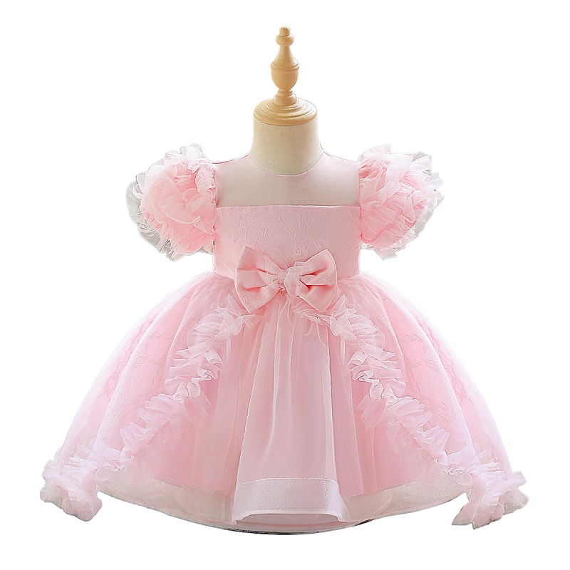 Mažų mergaičių suknelė 1–3 metų, vestuvinė suknelė su tinkline apdaila ir tiulio sijonu, princesės stilius, medžiaga poliesterio ir medvilnės mišinio (65% poliesteris, 35% medvilnė).