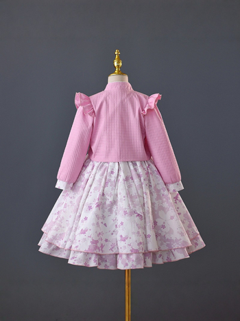 Vaikų suknelė — saldus princesės stilius, rudens 2025 leidimas, poliesterio audinys su enziminiu plovimu ir permatoma tekstūra, mergaitėms nuo 8 metų.