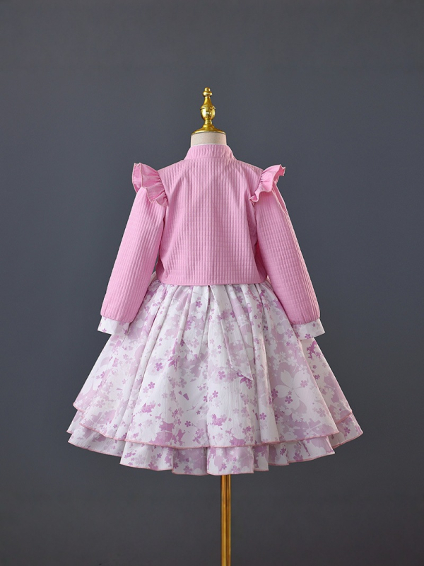 Vaikų suknelė — saldus princesės stilius, rudens 2025 leidimas, poliesterio audinys su enziminiu plovimu ir permatoma tekstūra, mergaitėms nuo 8 metų.