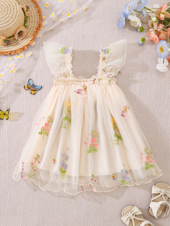 Rochie pentru fetițe nou-născute, în stil prințesă, din plasă, cu broderie florală și fustă tutu cu bretele, potrivită pentru vară