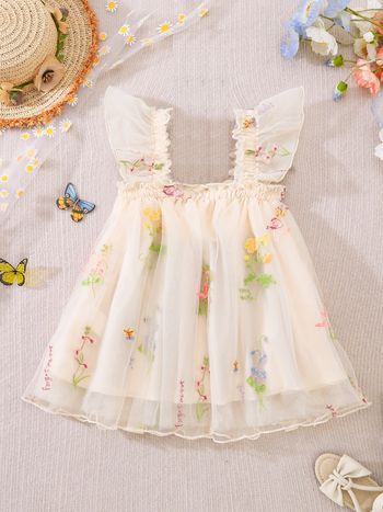 Rochie pentru fetițe nou-născute, în stil prințesă, din plasă, cu broderie florală și fustă tutu cu bretele, potrivită pentru vară