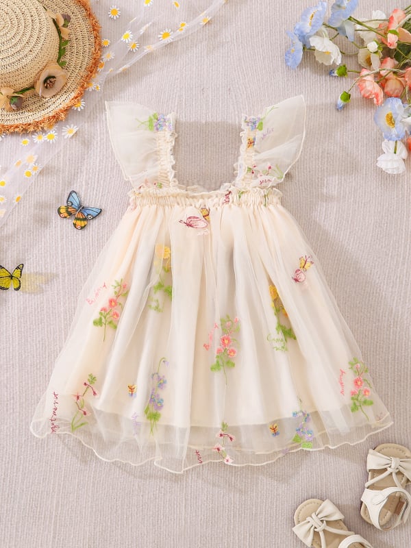 Rochie pentru fetițe nou-născute, în stil prințesă, din plasă, cu broderie florală și fustă tutu cu bretele, potrivită pentru vară