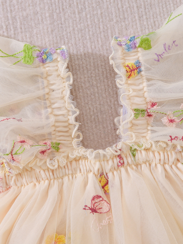 Rochie pentru fetițe nou-născute, în stil prințesă, din plasă, cu broderie florală și fustă tutu cu bretele, potrivită pentru vară
