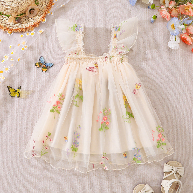 Rochie pentru fetițe nou-născute, în stil prințesă, din plasă, cu broderie florală și fustă tutu cu bretele, potrivită pentru vară