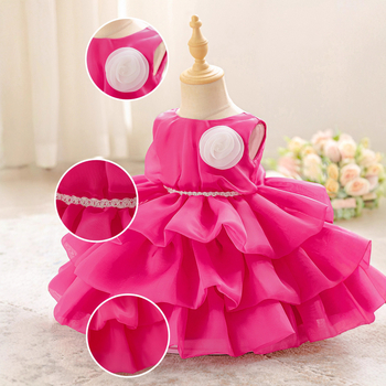 Vaikų suknelė – princesė su gėlėtu ornamentu, medvilnės-poliesterio mišinys; pagrindinis audinys 65% poliesteris, pamušalas 35% medvilnė; amžius 1–3 metai; visus metus.