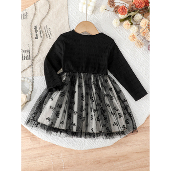 Rochie prințesă cu mâneci lungi din plasă pentru bebeluși și copii, imprimeu cu fundiță, 71% poliester cu căptușeală din spandex 29%, țesătură ignifugă, croială în A