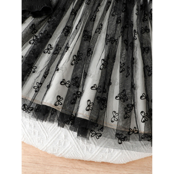 Rochie prințesă cu mâneci lungi din plasă pentru bebeluși și copii, imprimeu cu fundiță, 71% poliester cu căptușeală din spandex 29%, țesătură ignifugă, croială în A