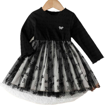 Rochie prințesă cu mâneci lungi din plasă pentru bebeluși și copii, imprimeu cu fundiță, 71% poliester cu căptușeală din spandex 29%, țesătură ignifugă, croială în A