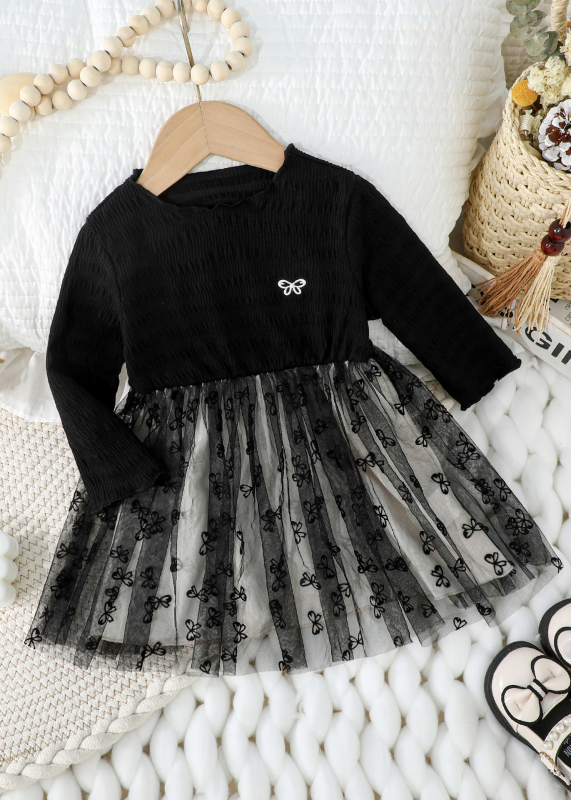 Rochie prințesă cu mâneci lungi din plasă pentru bebeluși și copii, imprimeu cu fundiță, 71% poliester cu căptușeală din spandex 29%, țesătură ignifugă, croială în A