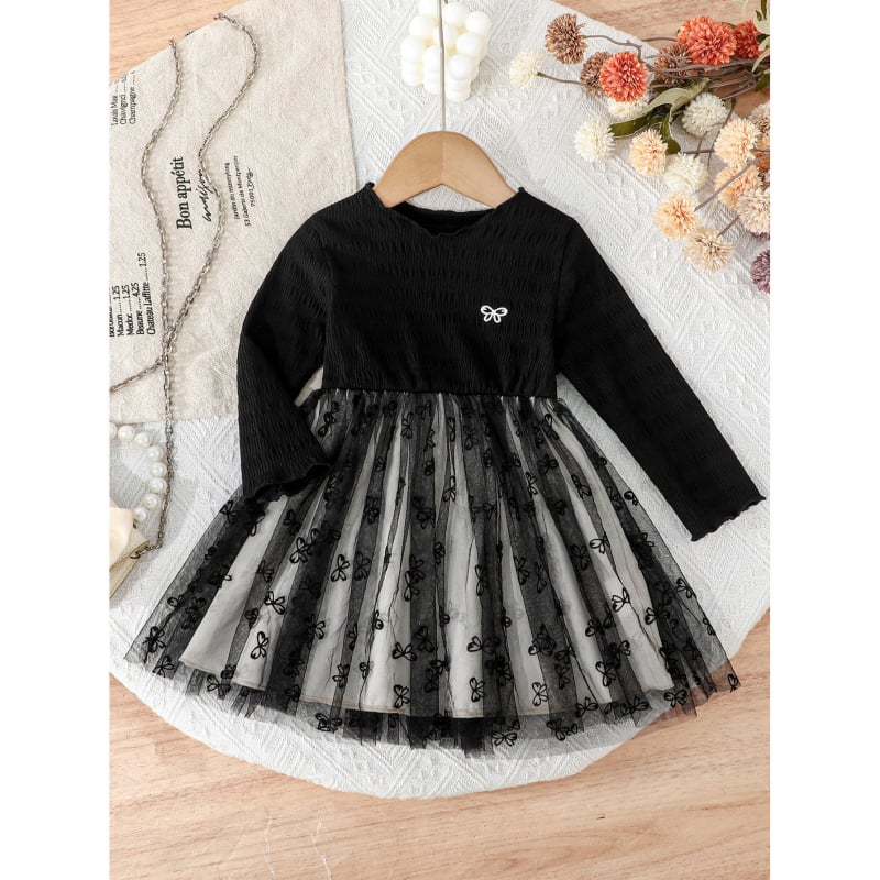 Rochie prințesă cu mâneci lungi din plasă pentru bebeluși și copii, imprimeu cu fundiță, 71% poliester cu căptușeală din spandex 29%, țesătură ignifugă, croială în A