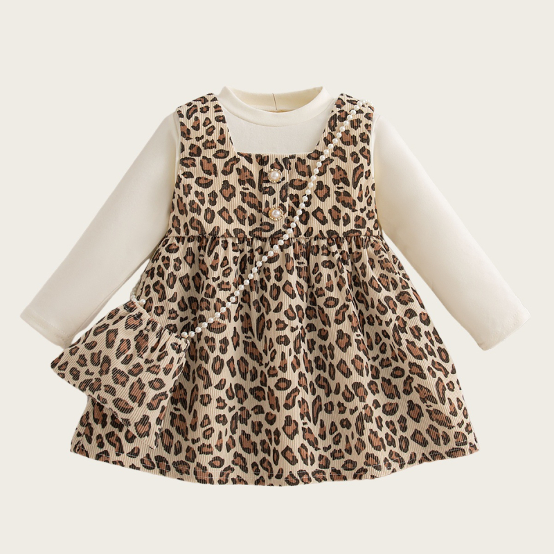 Haljina za djevojčice s leopard uzorkom, lažni dvodijelni set uz torbicu