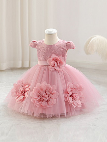 Otinluo Vaikiška suknelė – princės stiliaus tutu su 3D gėlėmis, poliesteris su medvilnine įdėja, vakarinė suknelė visoms metų laikams