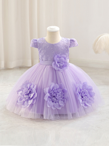 Otinluo Vaikiška suknelė – princės stiliaus tutu su 3D gėlėmis, poliesteris su medvilnine įdėja, vakarinė suknelė visoms metų laikams