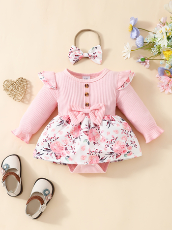 Бебешки ромпер с дълги ръкави, флорална шарка, закопчаване със скрити копчета, полиестер, за новородени 0–1 година, корейски стил