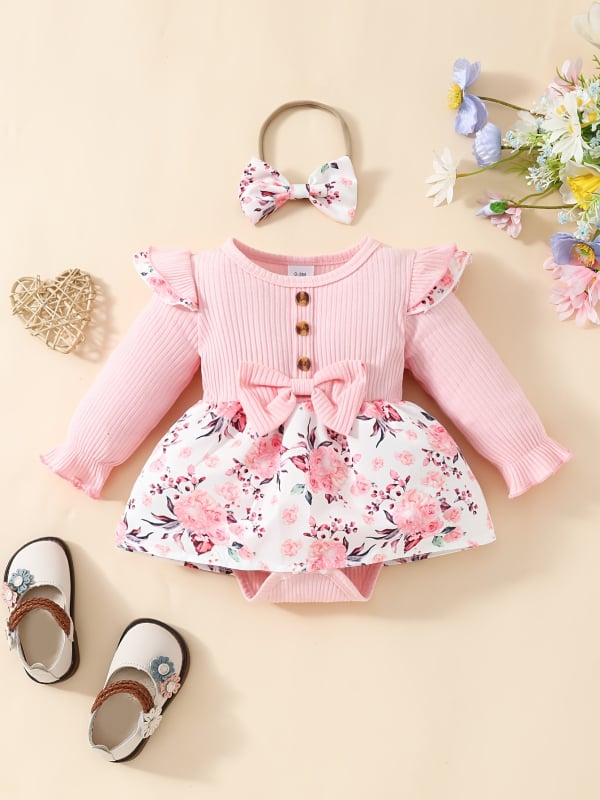 Бебешки ромпер с дълги ръкави, флорална шарка, закопчаване със скрити копчета, полиестер, за новородени 0–1 година, корейски стил