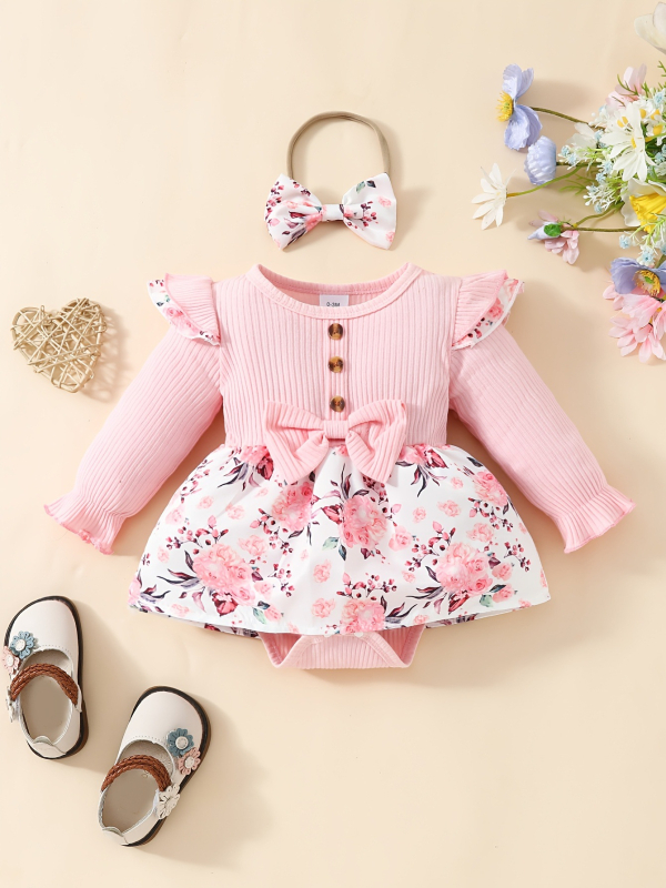 Бебешки ромпер с дълги ръкави, флорална шарка, закопчаване със скрити копчета, полиестер, за новородени 0–1 година, корейски стил