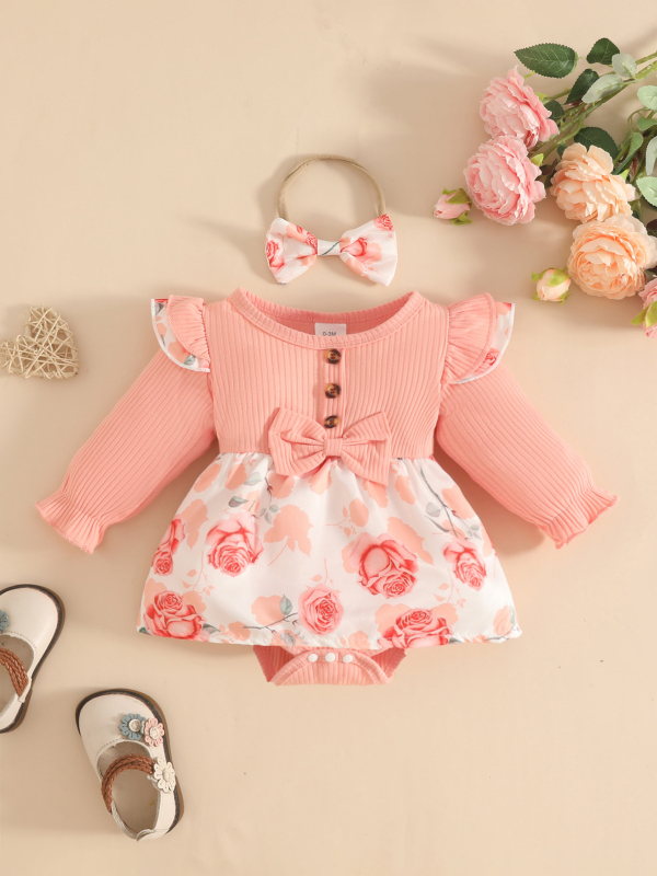 Бебешки ромпер с дълги ръкави, флорална шарка, закопчаване със скрити копчета, полиестер, за новородени 0–1 година, корейски стил