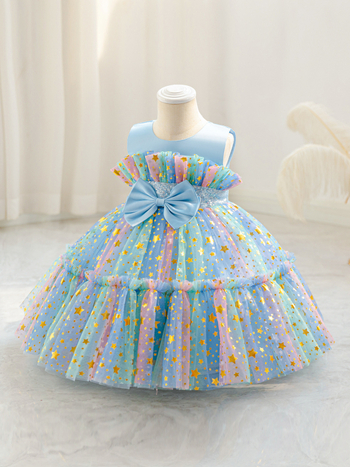 Vaikiška suknelė be rankovių iš tinklelio su žvaigždžių gradientu ir drugelių akcentais, princesės stilius; 65% poliesterio, 35% medvilnės padas; 1–3 metų; rudens 2025.