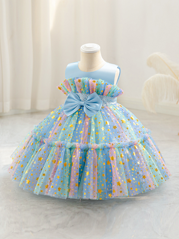 Vaikiška suknelė be rankovių iš tinklelio su žvaigždžių gradientu ir drugelių akcentais, princesės stilius; 65% poliesterio, 35% medvilnės padas; 1–3 metų; rudens 2025.