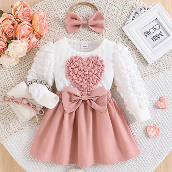 Set de rochie pentru fete în stil coreean, cu mâneci bufante, motiv inimă, fundă și flori 3D, material amestec de bumbac, principal 80% poliester, căptușeală elastan 90%, pentru copii 3–8 ani.