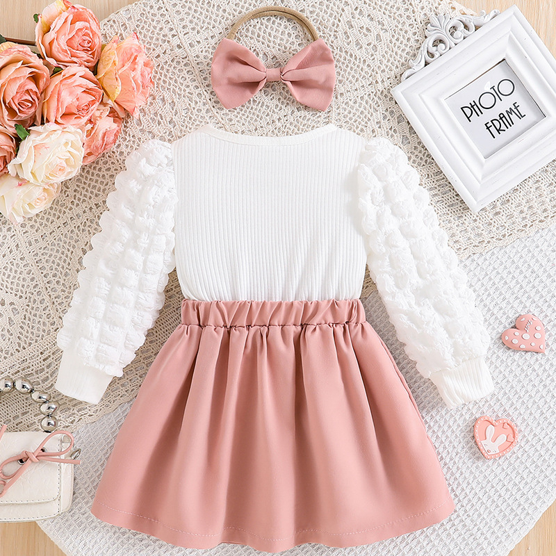 Set de rochie pentru fete în stil coreean, cu mâneci bufante, motiv inimă, fundă și flori 3D, material amestec de bumbac, principal 80% poliester, căptușeală elastan 90%, pentru copii 3–8 ani.
