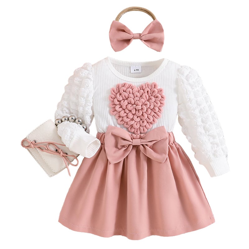 Set de rochie pentru fete în stil coreean, cu mâneci bufante, motiv inimă, fundă și flori 3D, material amestec de bumbac, principal 80% poliester, căptușeală elastan 90%, pentru copii 3–8 ani.