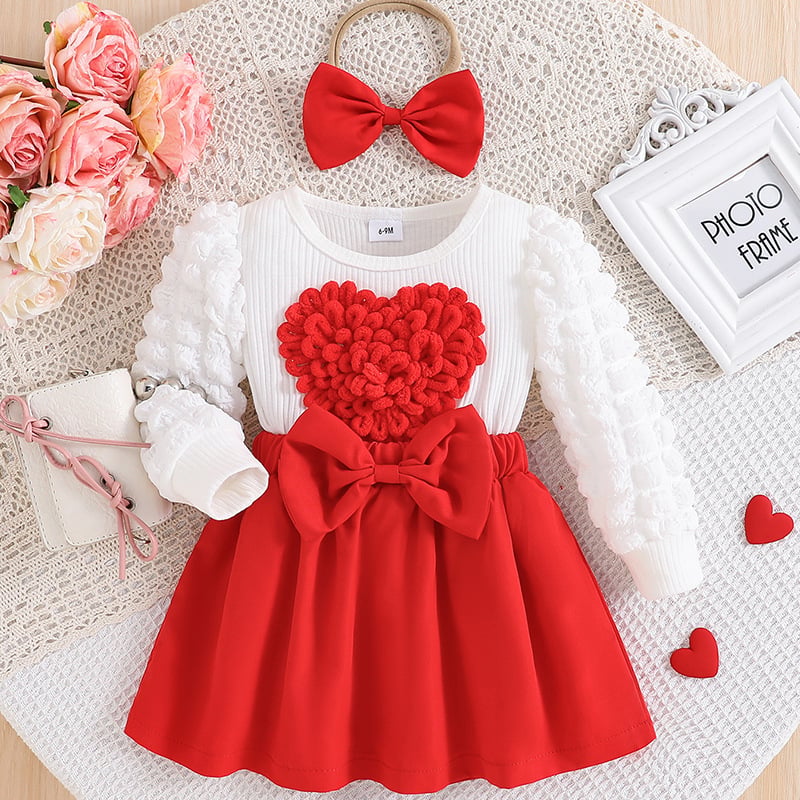 Set de rochie pentru fete în stil coreean, cu mâneci bufante, motiv inimă, fundă și flori 3D, material amestec de bumbac, principal 80% poliester, căptușeală elastan 90%, pentru copii 3–8 ani.