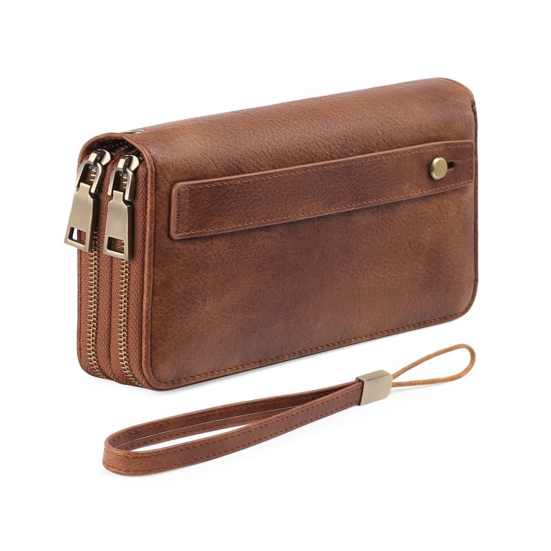 Ilga piniginė su RFID apsauga ir dvigubu užtrauktuku, PU išorė, karvės odos vidinis pamušalas, keli kortelių skyriai