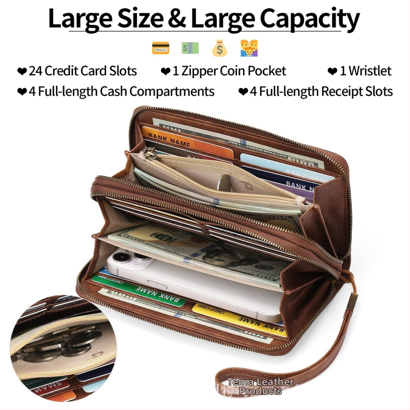 Ilga piniginė su RFID apsauga ir dvigubu užtrauktuku, PU išorė, karvės odos vidinis pamušalas, keli kortelių skyriai