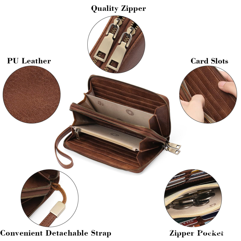 Ilga piniginė su RFID apsauga ir dvigubu užtrauktuku, PU išorė, karvės odos vidinis pamušalas, keli kortelių skyriai