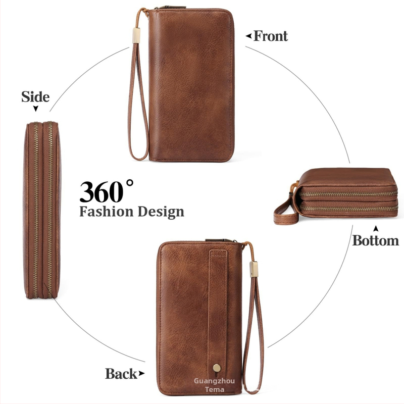 Ilga piniginė su RFID apsauga ir dvigubu užtrauktuku, PU išorė, karvės odos vidinis pamušalas, keli kortelių skyriai