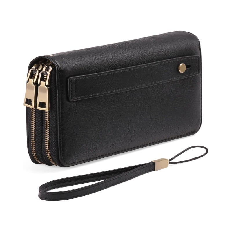 Ilga piniginė su RFID apsauga ir dvigubu užtrauktuku, PU išorė, karvės odos vidinis pamušalas, keli kortelių skyriai