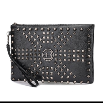 Vyrų clutch krepšys su kniedėmis, vienos spalvos, poliesterio pamušalas, 2025 m. vasaros leidimas, verslo kelionėms