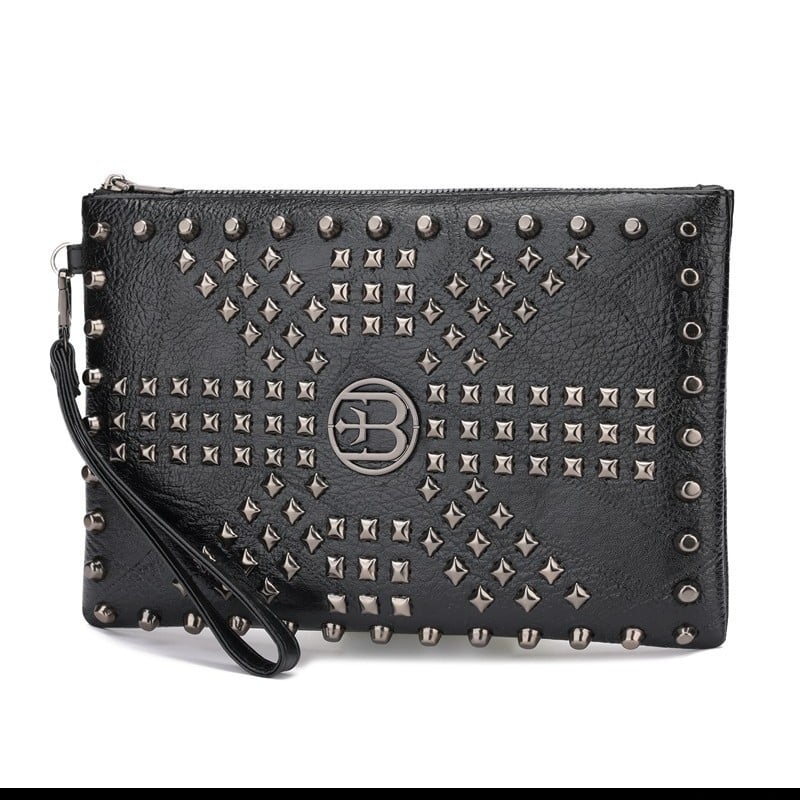 Vyrų clutch krepšys su kniedėmis, vienos spalvos, poliesterio pamušalas, 2025 m. vasaros leidimas, verslo kelionėms