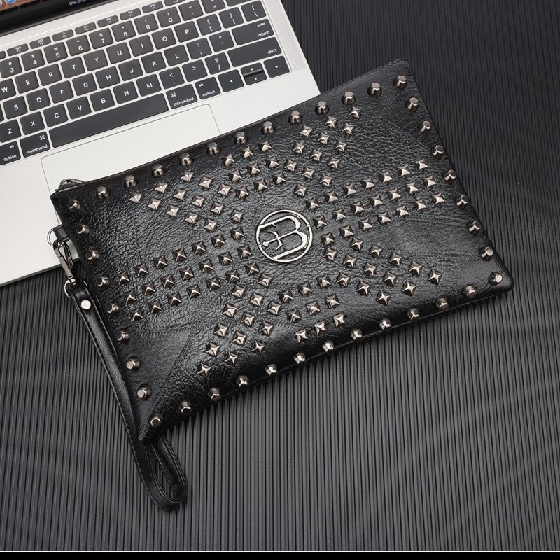 Vyrų clutch krepšys su kniedėmis, vienos spalvos, poliesterio pamušalas, 2025 m. vasaros leidimas, verslo kelionėms