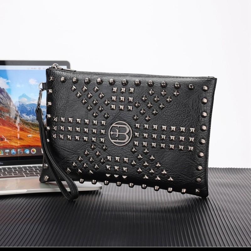 Vyrų clutch krepšys su kniedėmis, vienos spalvos, poliesterio pamušalas, 2025 m. vasaros leidimas, verslo kelionėms