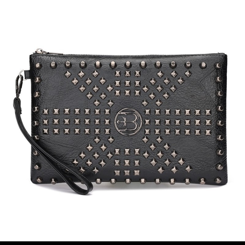 Vyrų clutch krepšys su kniedėmis, vienos spalvos, poliesterio pamušalas, 2025 m. vasaros leidimas, verslo kelionėms