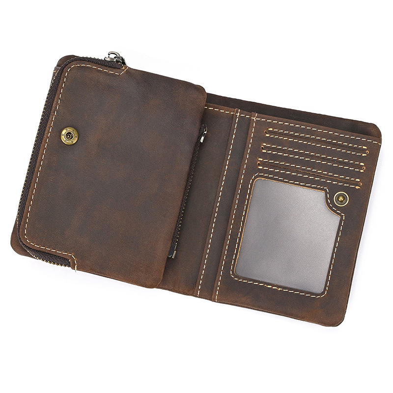 Portofel bărbătesc din piele naturală, buzunar pentru monede cu fermoar, căptușit cu nailon, culoare solidă, ultra-ușor, stil urban minimalist