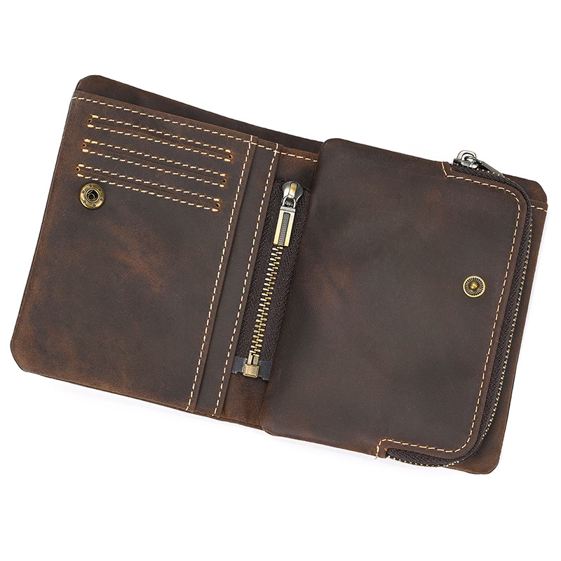 Portofel bărbătesc din piele naturală, buzunar pentru monede cu fermoar, căptușit cu nailon, culoare solidă, ultra-ușor, stil urban minimalist